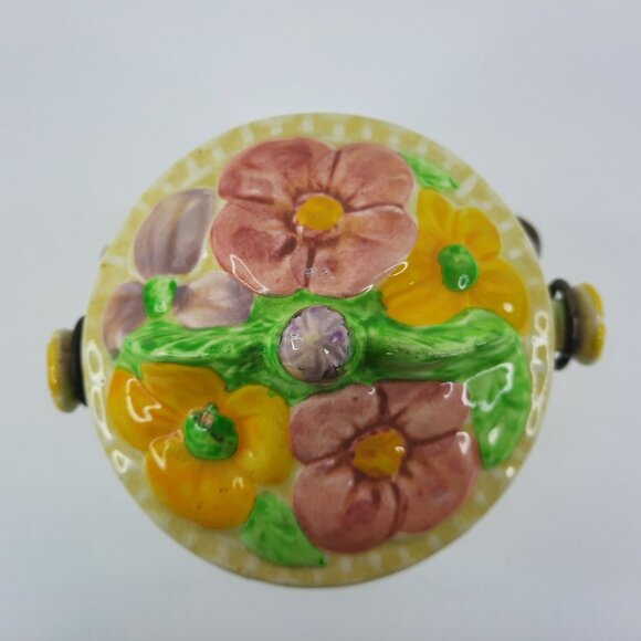 Vintage Wade Heath Biscuit Barrel Yellow Pink Floral Basketweave England Pottery - Picture 6 of 10